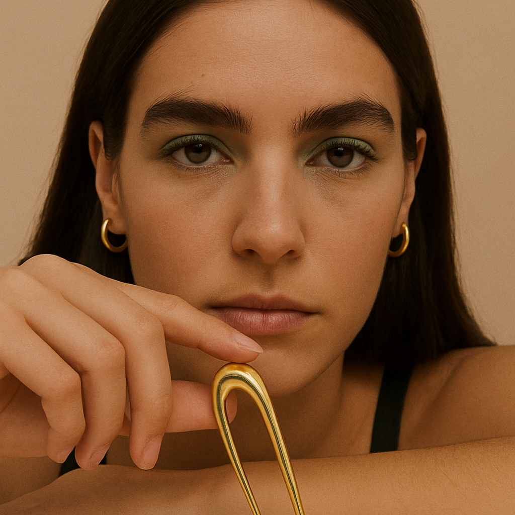 Woman holding a gold hair clip against a beige background