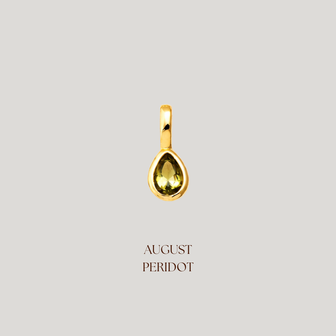 Gold teardrop pendant with a gemstone on a light gray background, labeled 'August Peridot'.